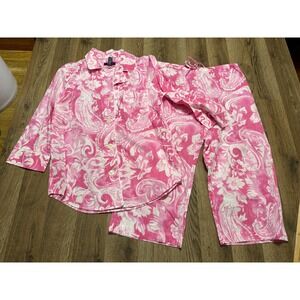 CHAPS Pajamas Women's Medium Pink White Long Sleeve Button Up Shirt Capris Pants